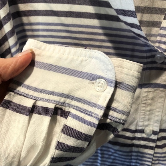 Rails blue and white horizontal stripe button down rayon blouse Chinese collar L - Picture 7 of 10